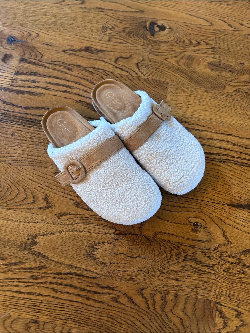 Cozy Shearling Clog Mules in Cream with Tan Strap
